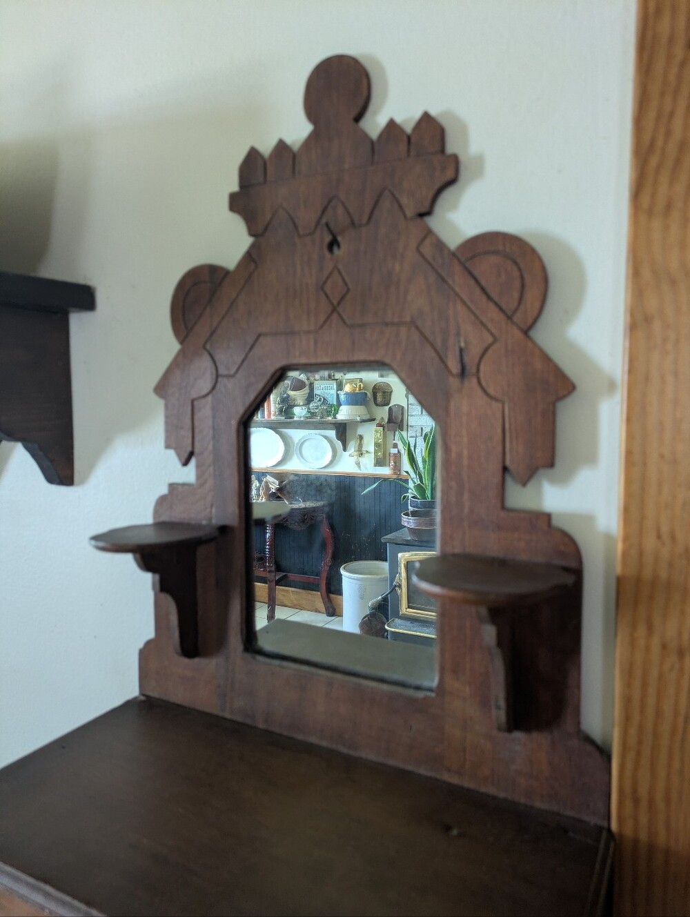 Antique Eastlake Victorian Walnut Wall Mirror Shaving Stand Comb Case - Picture 3 of 11